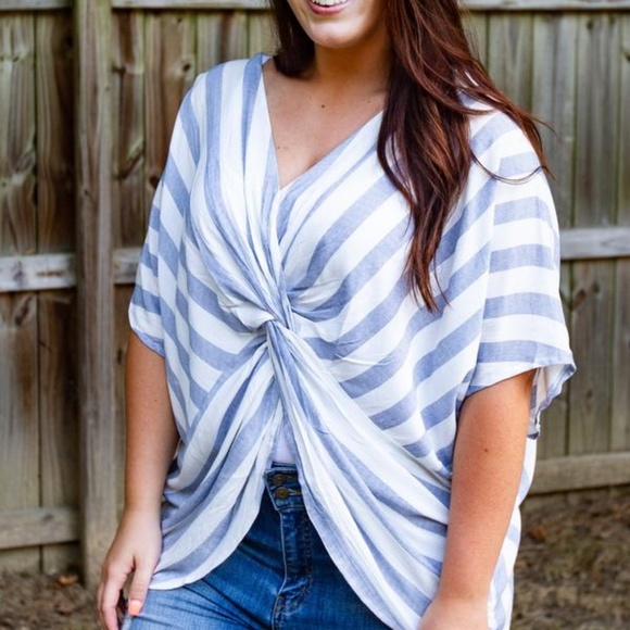Umgee | Blue & White Striped V-Neck Top w/ Knot - Picture 2 of 2